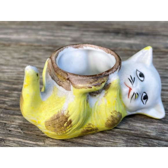 Vintage Bisque Porcelain Small Sad Kitty Cat Planter Vase - Picture 3 of 11